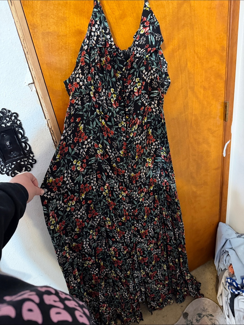 Black Floral Maxi Dress with V-Neck Spaghetti Straps